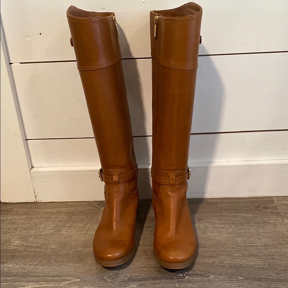 Michael Kors Brown Leather Riding Boots with Strap Detail